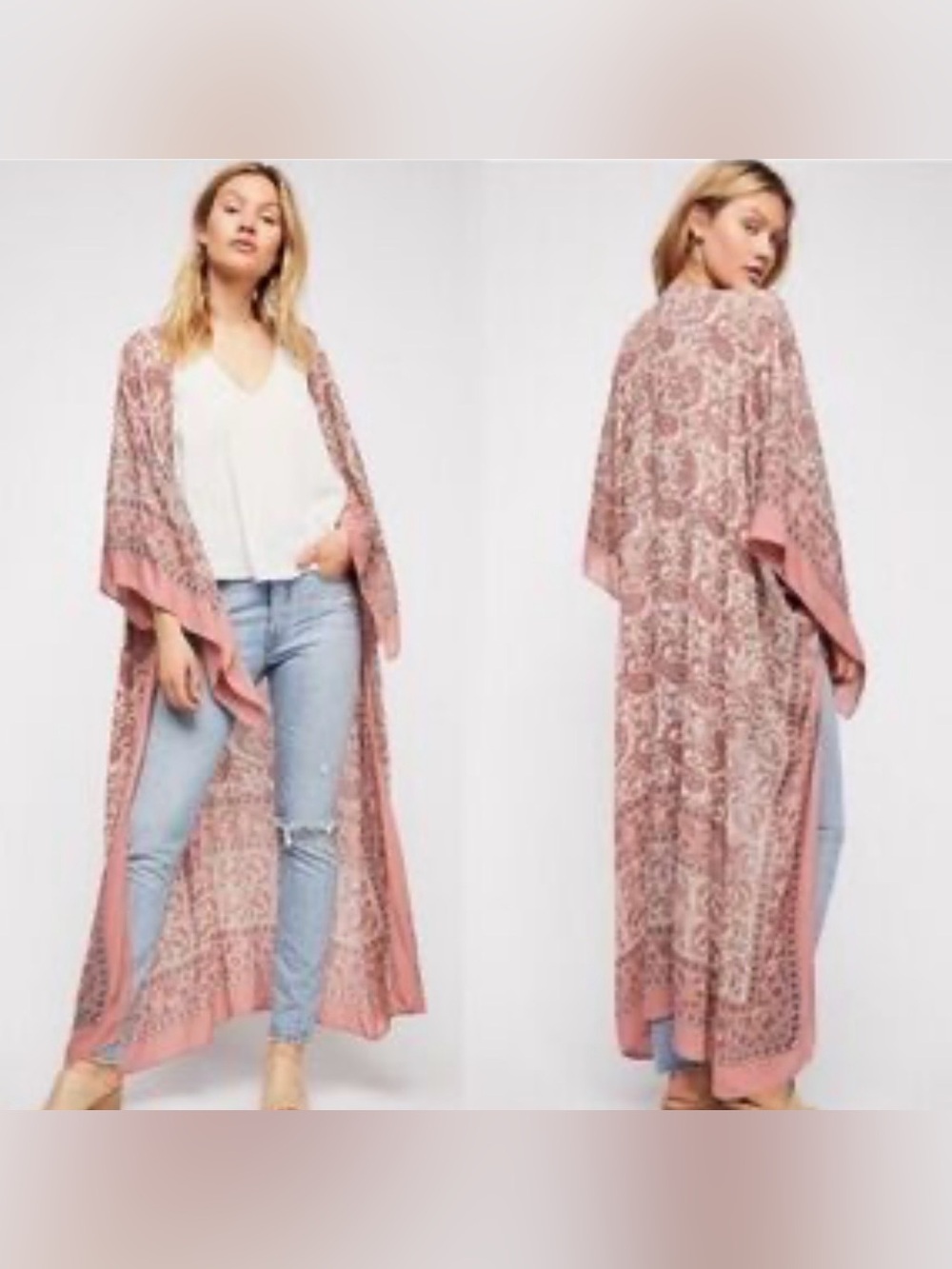 Free People OS Pink and Peach Paisley Bandana Print Long Kimono Boho